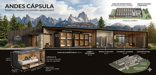 Vista general del hotel cápsula Andes Capsule con dormitorios, áreas comunes y servicios